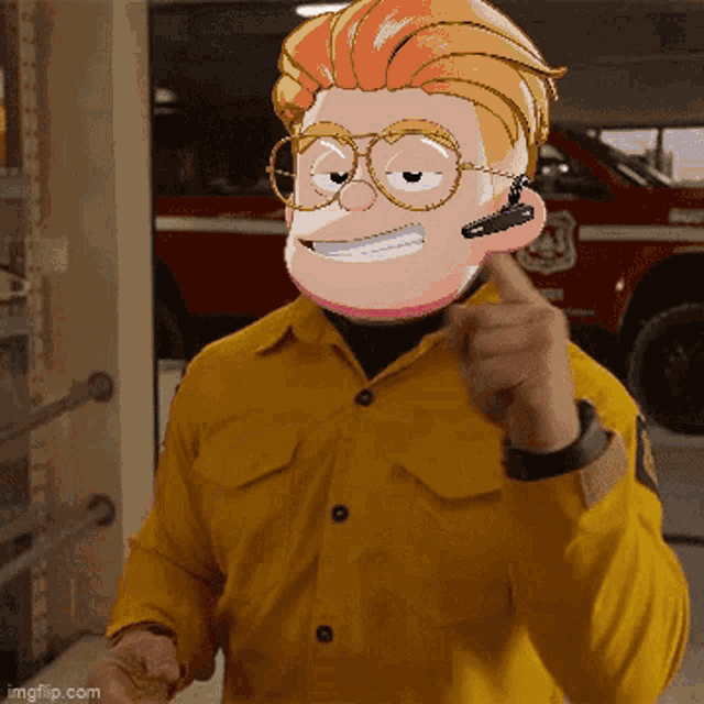 a cartoon character wearing glasses and a headset points at something