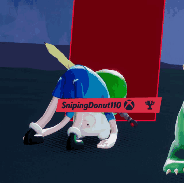 a cartoon character with sniping donut110 written on a red sign