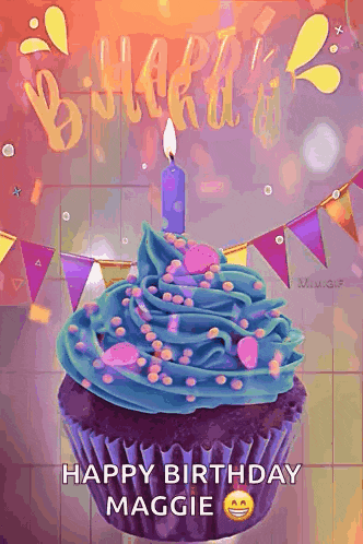 a happy birthday maggie greeting card with a cupcake and candle