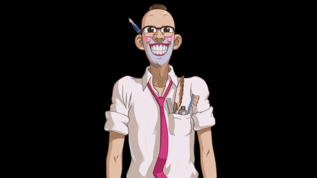 a cartoon drawing of a man with glasses and a pen in his mouth