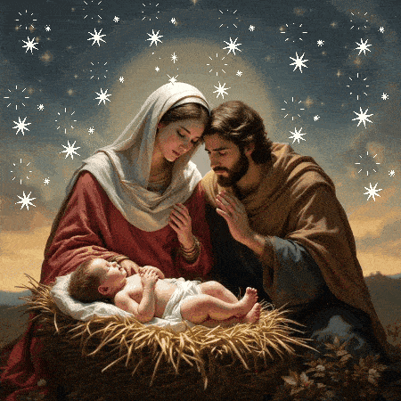 a painting of the holy family with a baby jesus in a manger