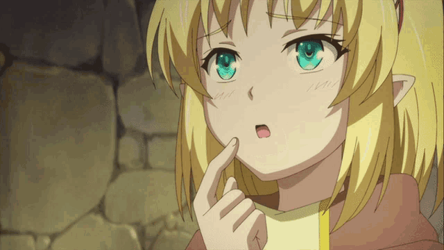 a girl with blonde hair and blue eyes holds her hand to her chin