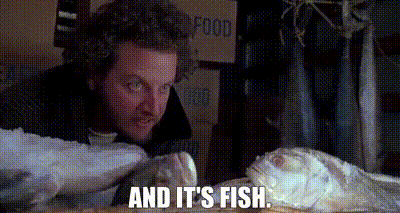 a man is looking at a large fish with the words `` and it 's fish '' written next to him .