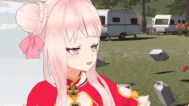 a girl with pink hair and purple eyes is standing in a field with a trailer in the background