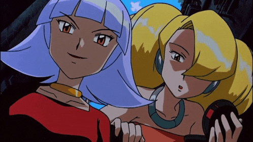 two anime characters are standing next to each other and one has blonde hair