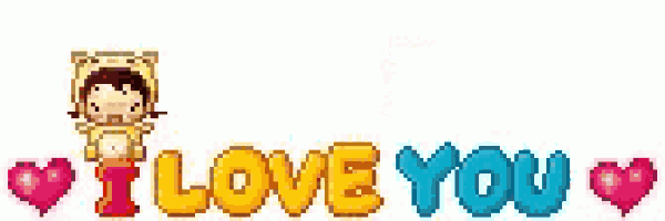a pixel art girl is standing next to the words `` i love you '' with hearts .