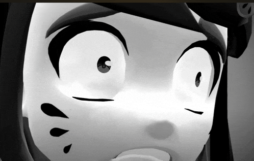 a black and white drawing of a cartoon character with a surprised look on her face