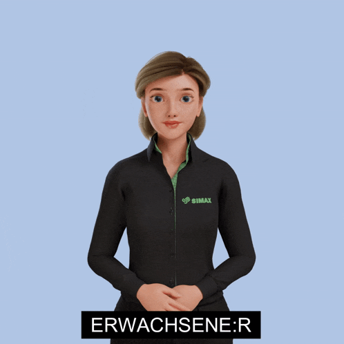 a cartoon woman wearing a black simax shirt