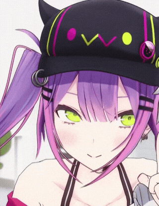 a girl with purple hair and green eyes wearing a hat