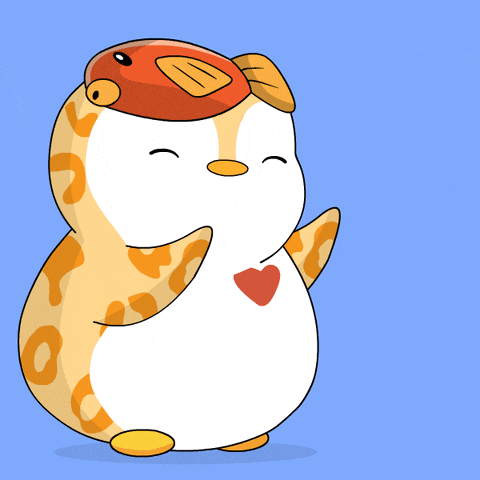 a cartoon penguin holding a pink heart with a red heart on its chest
