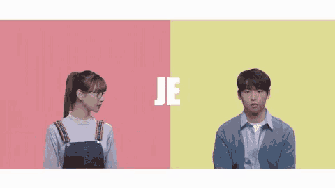 a man and a woman are standing next to each other and the word je is visible in the middle