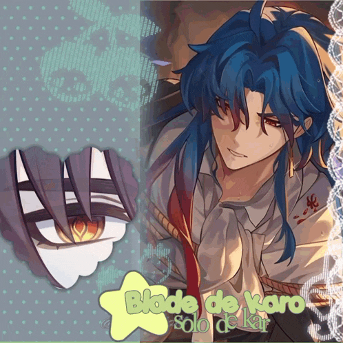 a drawing of a boy with blue hair and the words blade de karo solo de kar