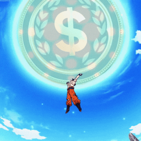 a cartoon character is flying in the air with a dollar sign in the background