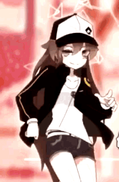 a cartoon girl wearing a hat and shorts is giving a thumbs up