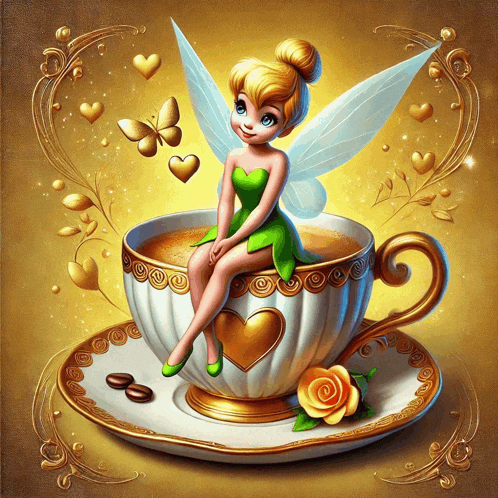 tinkerbell sits on a cup of coffee with butterflies flying around her