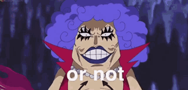 a cartoon character with purple hair and a red cape says or not