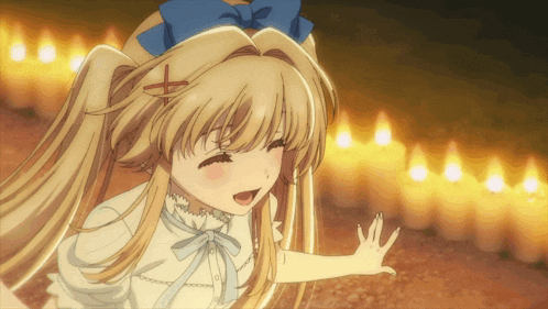 a blonde anime girl with a blue bow on her head stands in front of candles