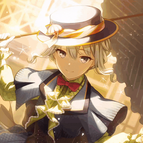 a girl wearing a hat and a bow tie is holding a cane