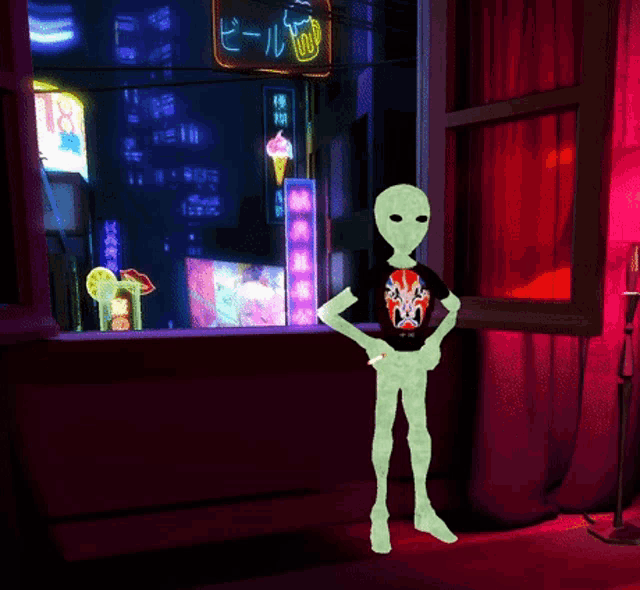a green alien is standing in front of a window with a sign that says ' beer ' on it