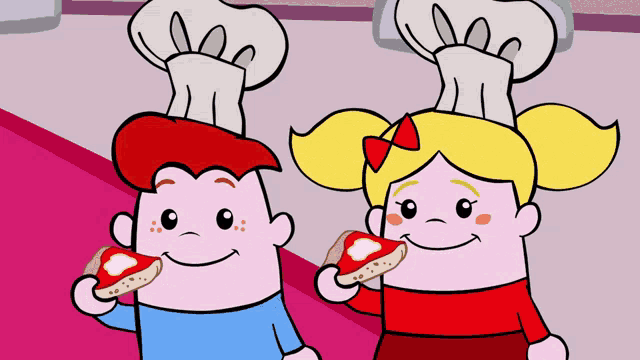 a boy and a girl wearing chef hats are eating toast
