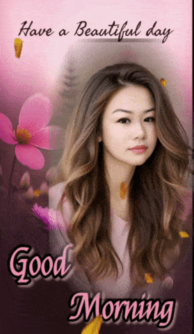 a picture of a woman with the words " have a beautiful day good morning "