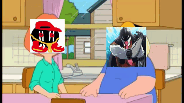 a cartoon of a man and a woman sitting at a table with a picture of a venom on the table