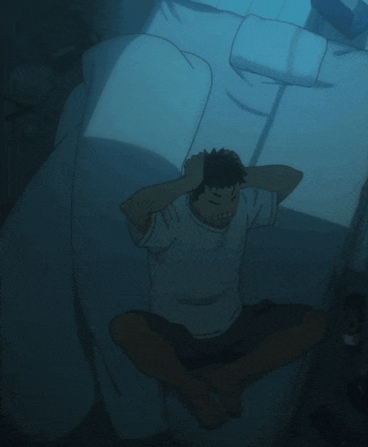 a cartoon of a man sleeping on a bed with a large pillow