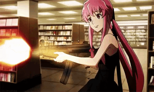 a girl with pink hair is holding a gun and pointing at it