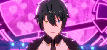 a close up of a person 's face in a video game with a purple background .