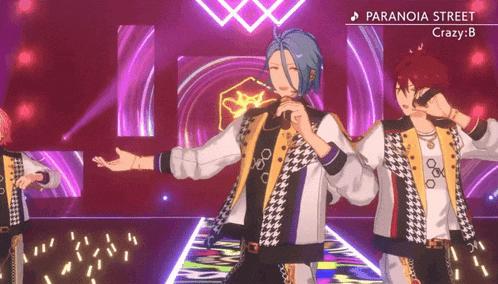a group of anime characters are performing on a stage with paranoia street crazy b written on the bottom