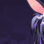 a close up of a girl with purple hair and a sticker on her head that says rocka