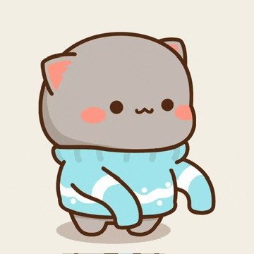 a cartoon cat is wearing a blue sweater and standing on a beige background .