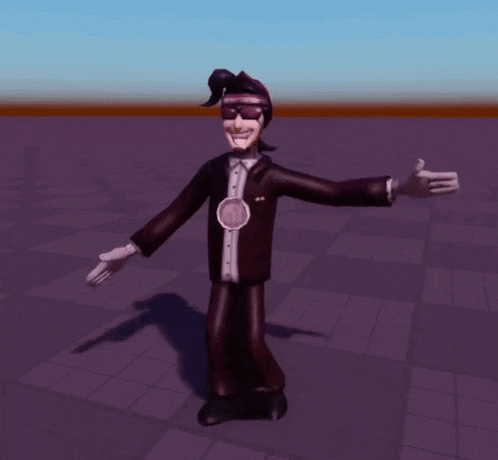 a cartoon character in a tuxedo with his arms outstretched and a medallion on his chest