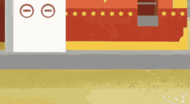 a cartoon illustration of a train station with a white sign on the side of the train .