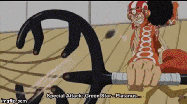 a cartoon character is holding a sword and says special attack green star platanus