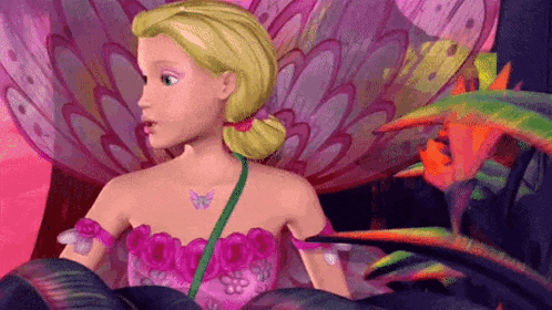 a barbie doll is wearing a pink dress and a butterfly necklace while standing in front of a flower .