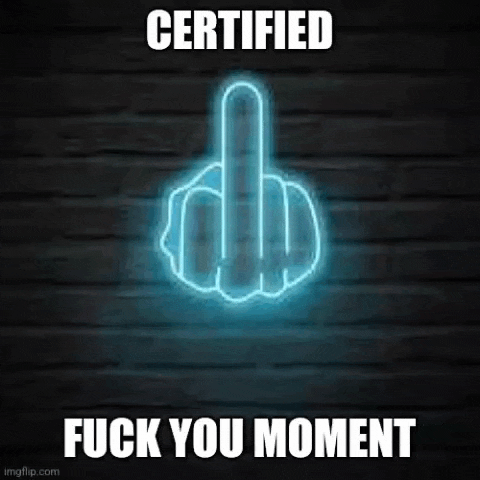 a neon sign of a middle finger on a brick wall .