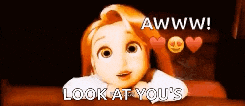 a cartoon girl with red hair is looking at the camera and saying `` look at you '' .