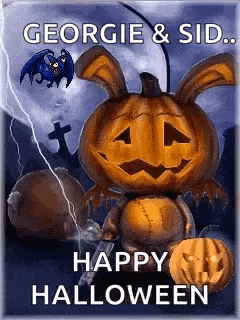a happy halloween greeting card with a pumpkin shaped like a bunny rabbit .