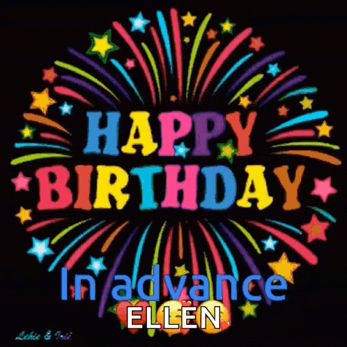 a happy birthday greeting card with fireworks and the name ellen