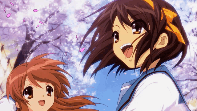 two anime girls are standing in front of a tree with petals falling from it
