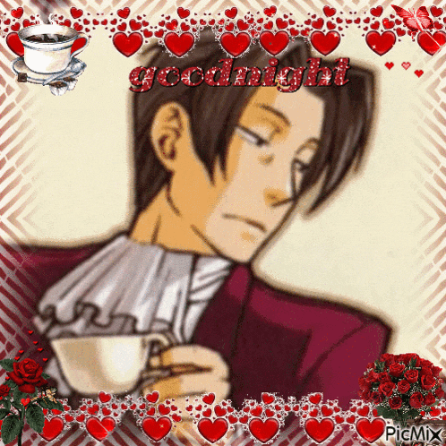 a picture of a man holding a cup of coffee and the words goodnight