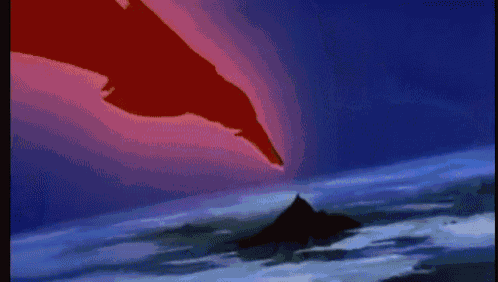 a cartoon character is standing on top of a mountain holding a sword in front of a pink and blue background .
