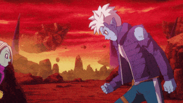 a cartoon character in a purple jacket is standing in a landscape