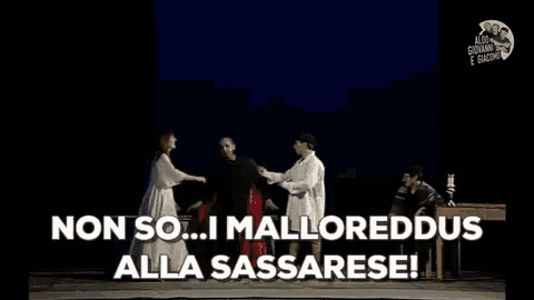 a group of people are standing on a stage with the words non so ... i malloreddus alla sassarese written on the screen .