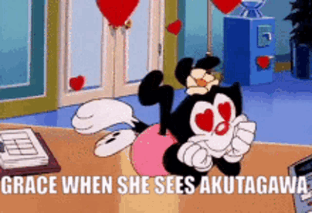 a cartoon of a cat with hearts on its eyes and the words " grace when she sees akutagawa "
