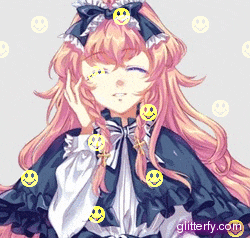 a girl with pink hair and smiley faces on her face
