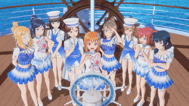 a group of anime girls are standing in front of a steering wheel