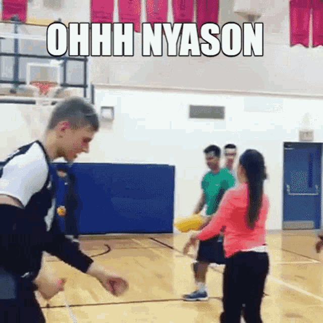 a group of people are playing basketball in a gym with the caption ohhh nyason on the bottom