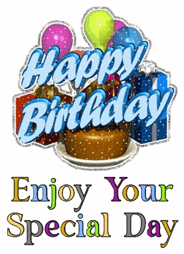a happy birthday greeting card with a cake and balloons